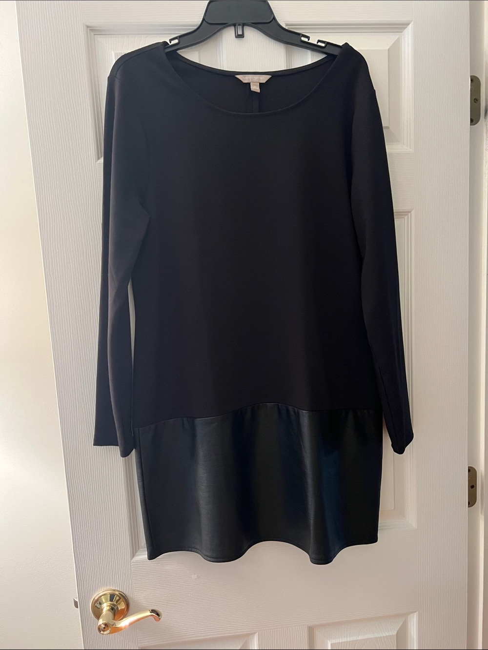 Banana Republic Black Long Sleeve Shift Dress with Faux Leather Hem